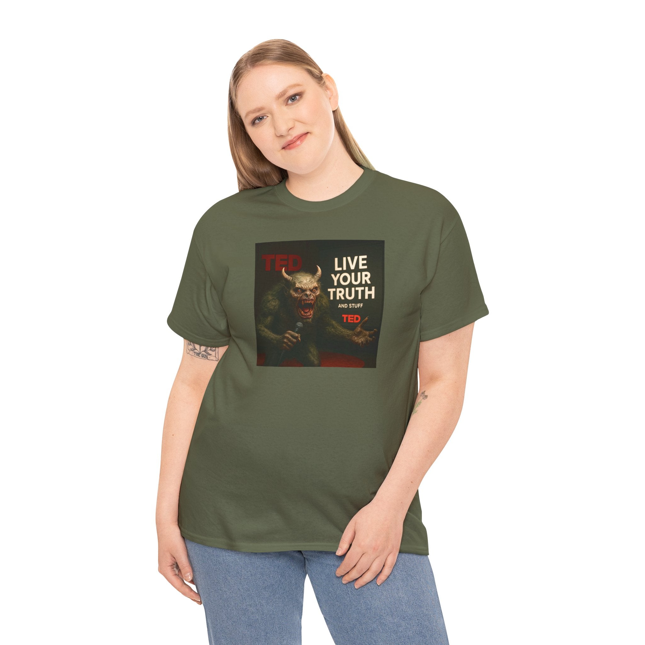 Live Your Truth Tee — 'Monster Giving a Self-Acceptance TED Talk' Graphic T-Shirt