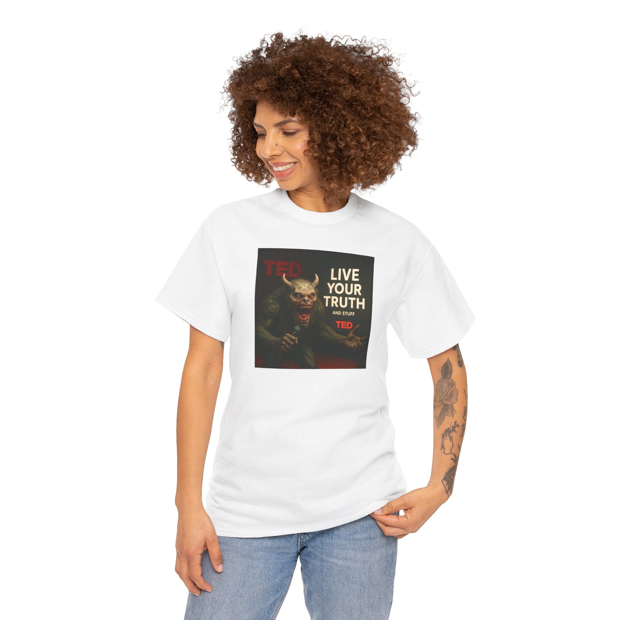 Live Your Truth Tee — 'Monster Giving a Self-Acceptance TED Talk' Graphic T-Shirt
