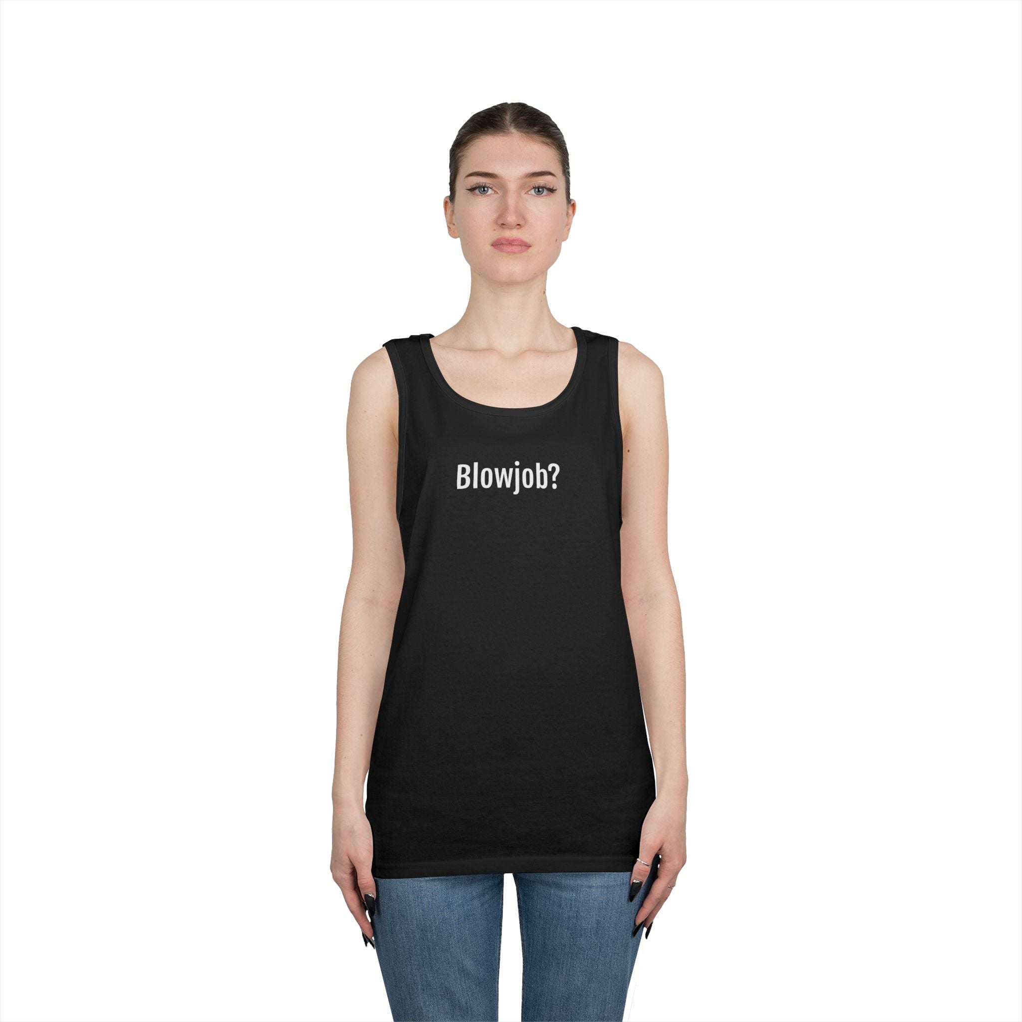 Graphic Tank Top — "Blowjob?" Text Minimalist Black Tank