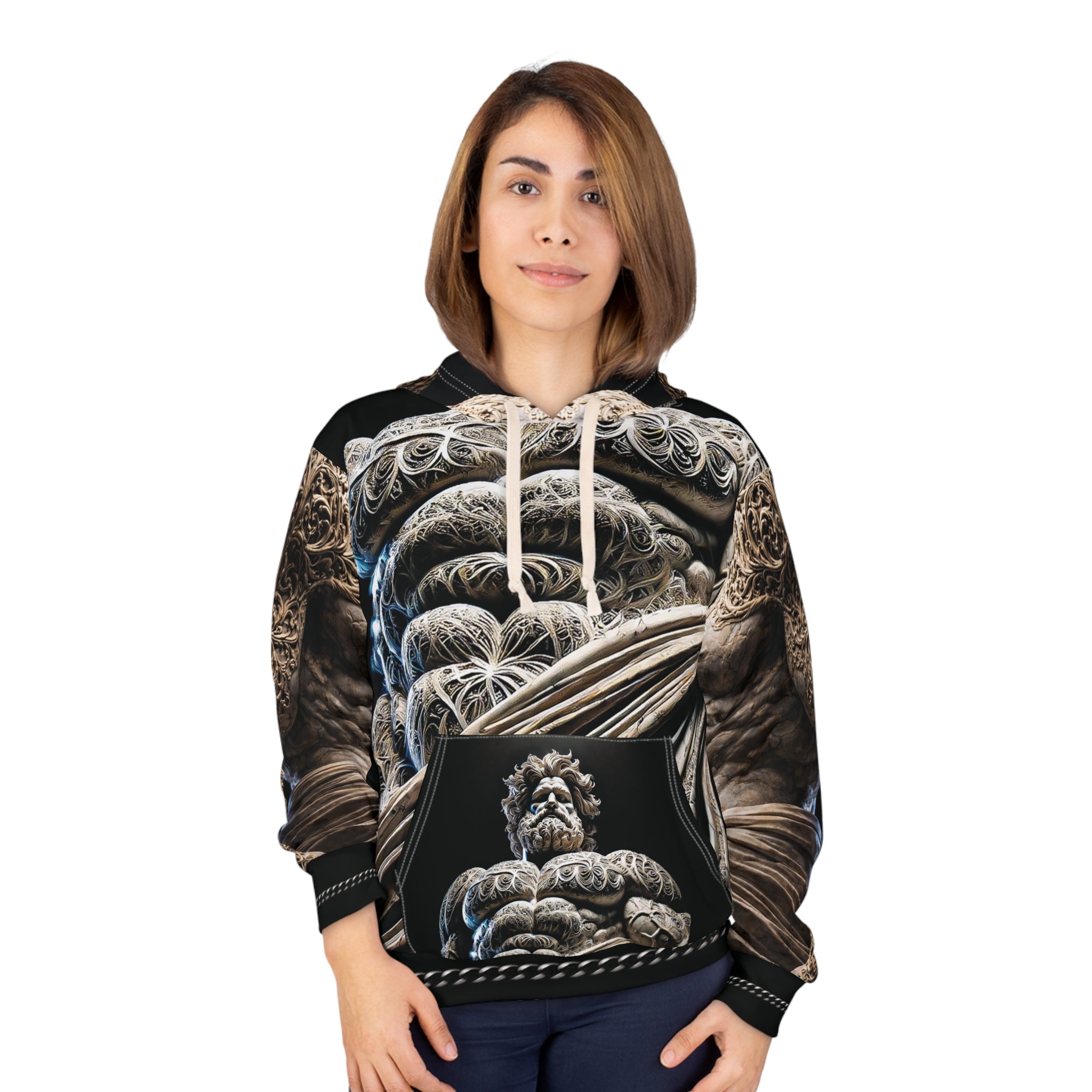 Mythic Stone Statue Hoodie – All-Over Print Sculpted Muscle Design