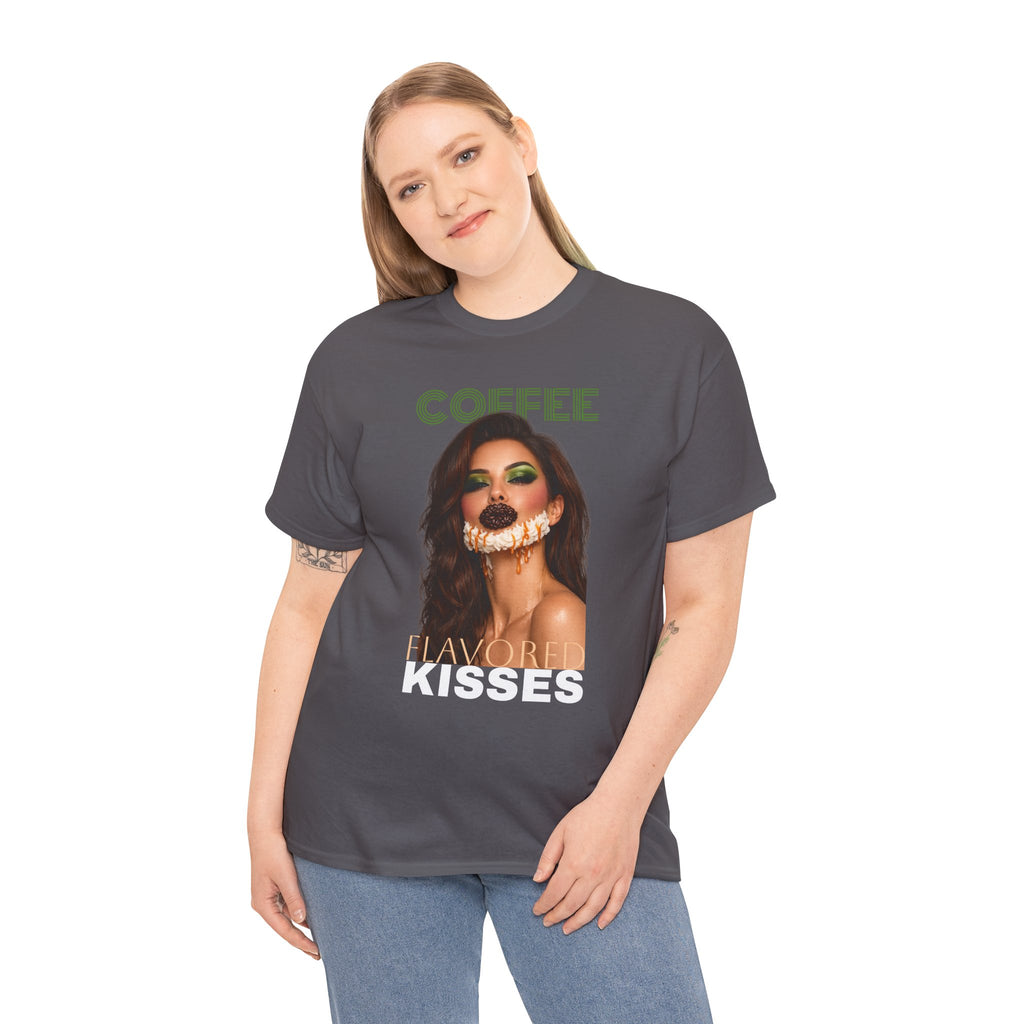 Coffee Flavored Kisses Tee — Glam Supermodel Coffee Lips & Whipped Cream Beard