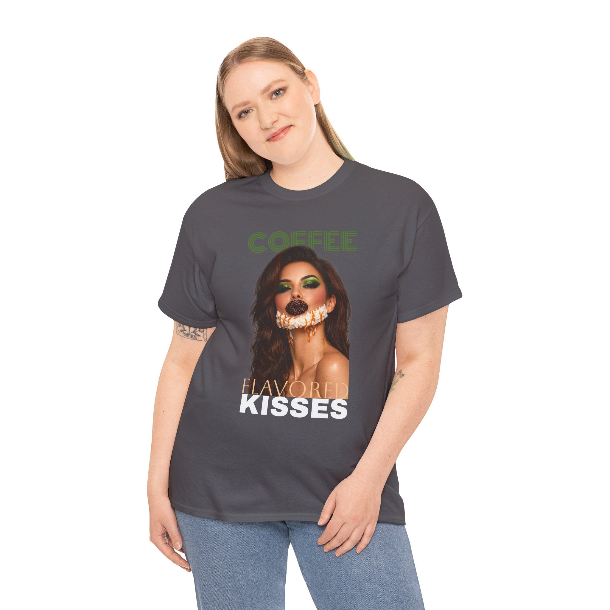 Coffee Flavored Kisses Tee — Glam Supermodel Coffee Lips & Whipped Cream Beard