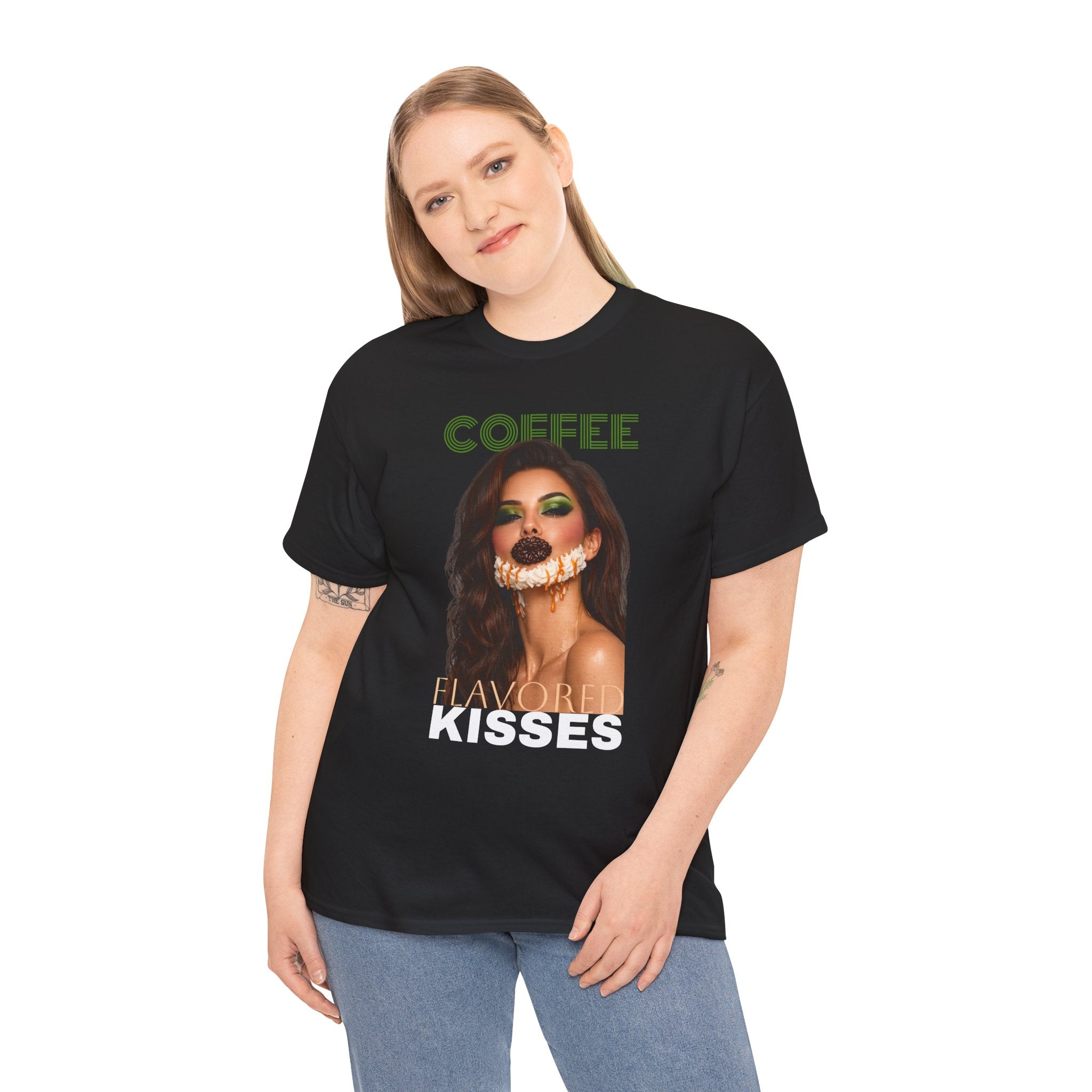 Coffee Flavored Kisses Tee — Glam Supermodel Coffee Lips & Whipped Cream Beard