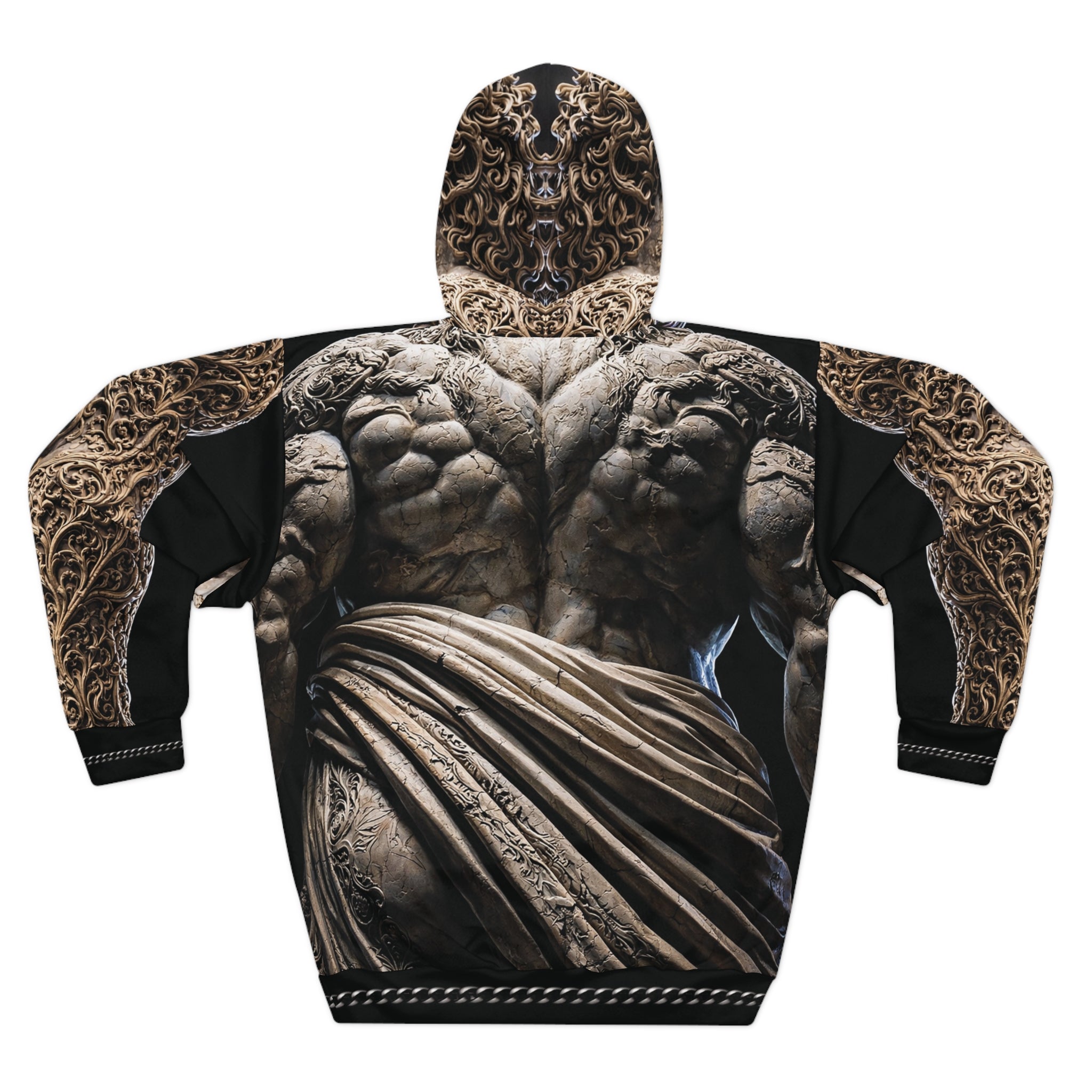 Mythic Stone Statue Hoodie – All-Over Print Sculpted Muscle Design
