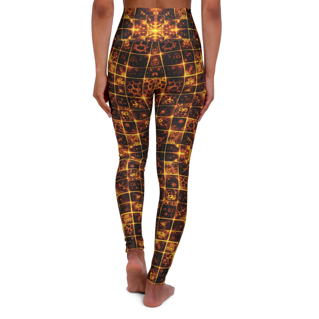 High-Waisted Yoga Leggings — Golden Mosaic Grid Print