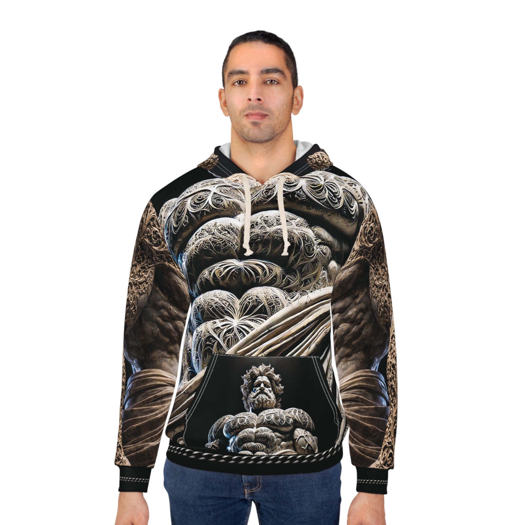 Mythic Stone Statue Hoodie – All-Over Print Sculpted Muscle Design