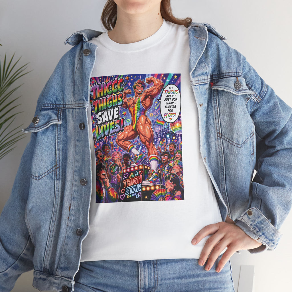 Gay Gogo Dancer Tee — "Thick Thighs Save Lives" Pride Shirt