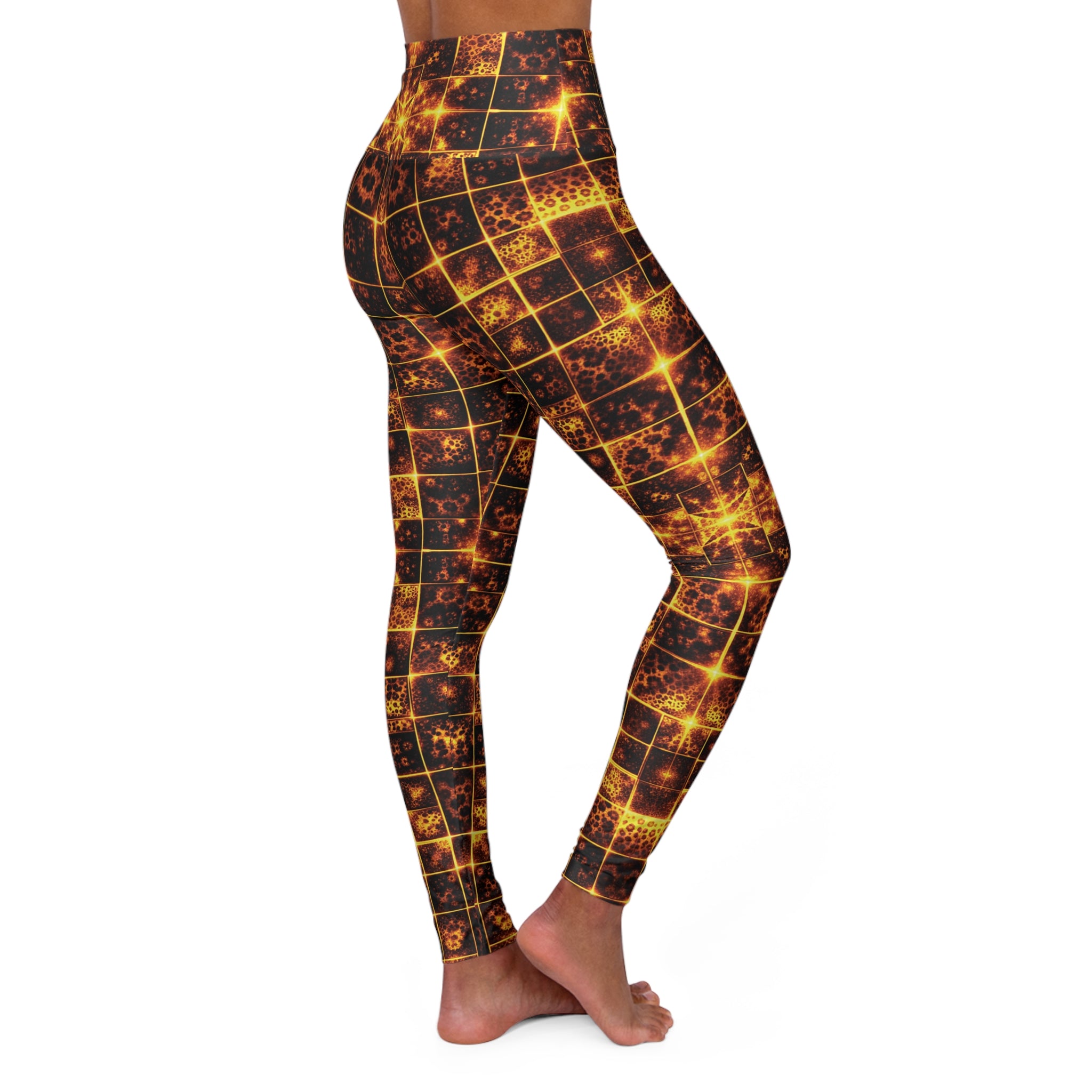 High-Waisted Yoga Leggings — Golden Mosaic Grid Print