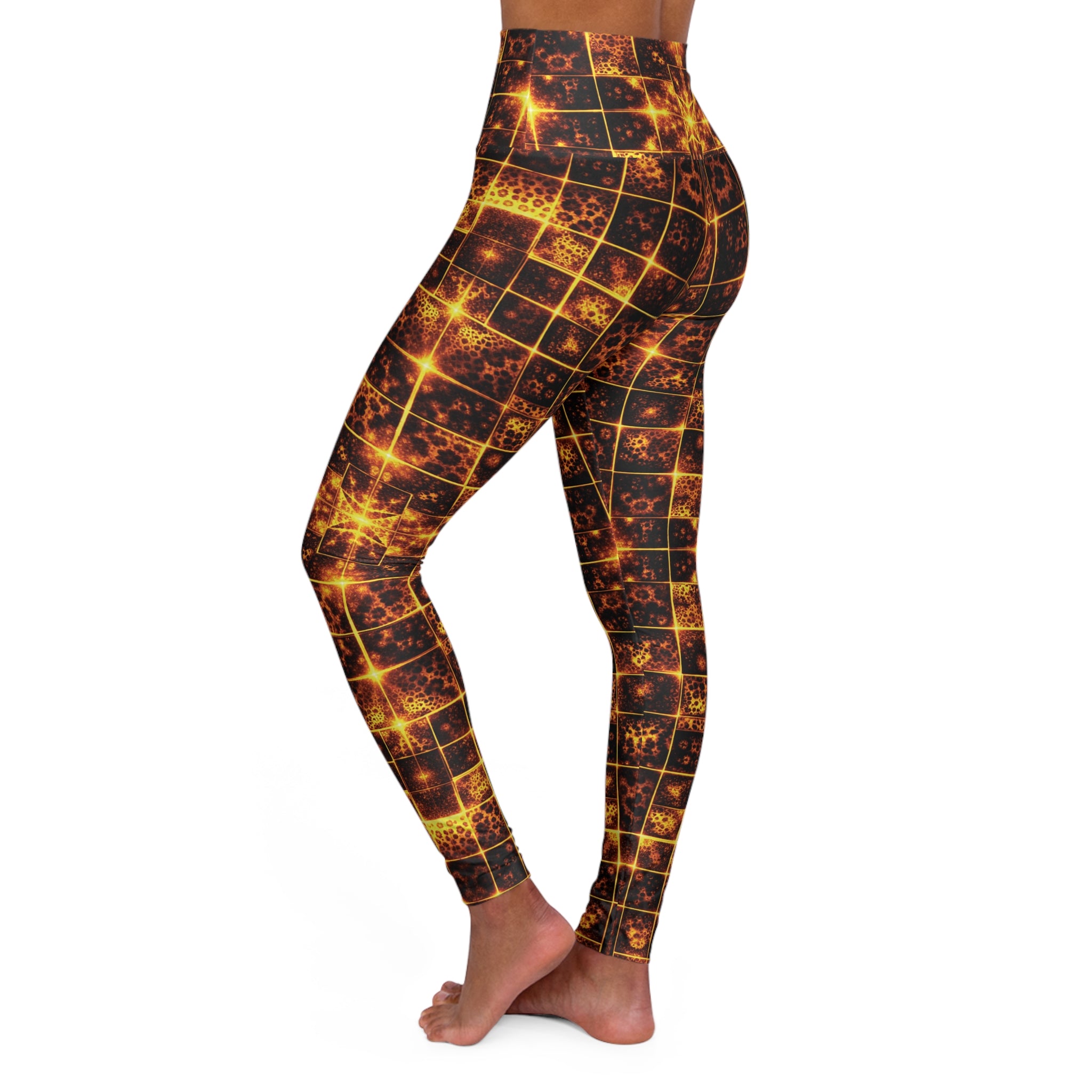 High-Waisted Yoga Leggings — Golden Mosaic Grid Print