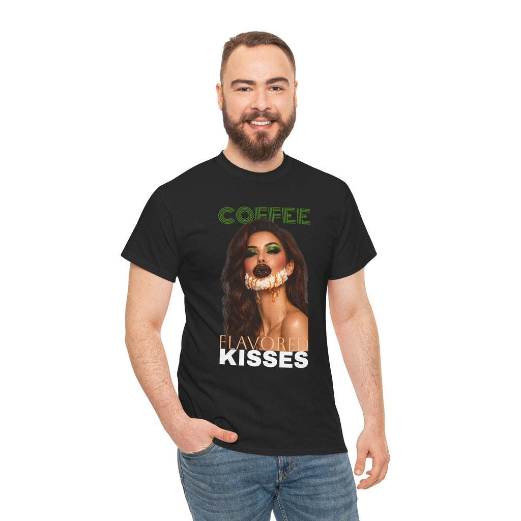 Coffee Flavored Kisses Tee — Glam Supermodel Coffee Lips & Whipped Cream Beard