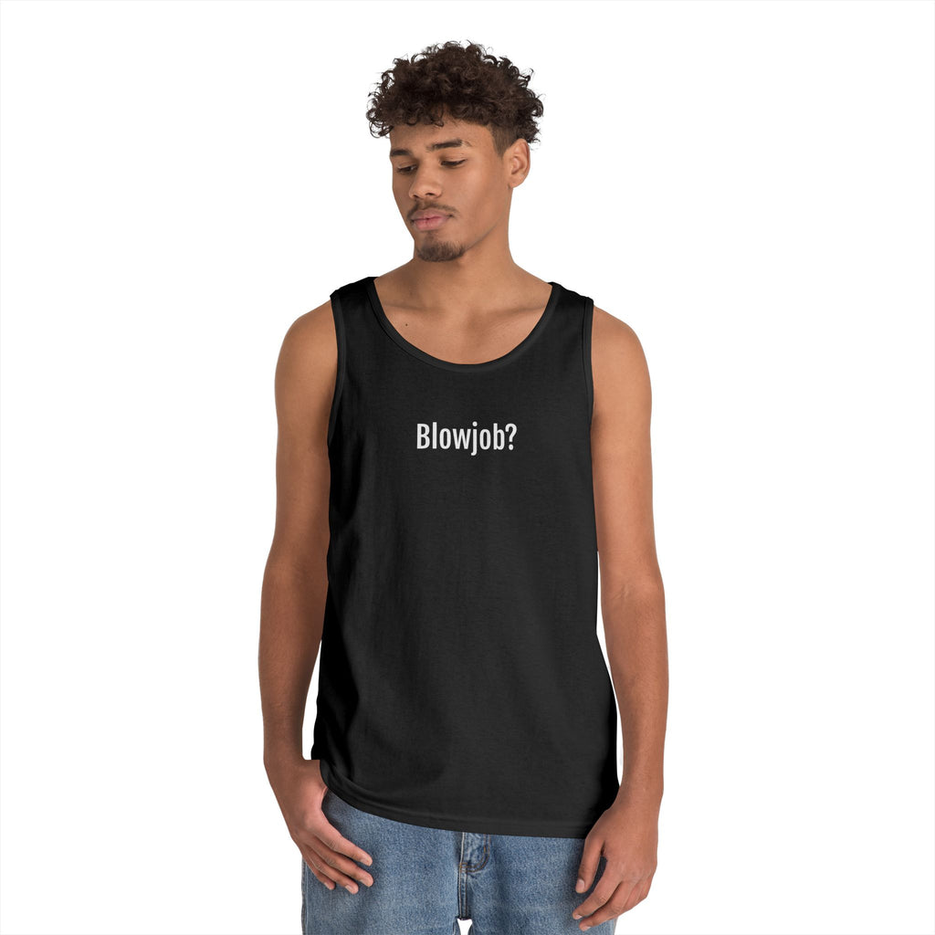 Graphic Tank Top — "Blowjob?" Text Minimalist Black Tank
