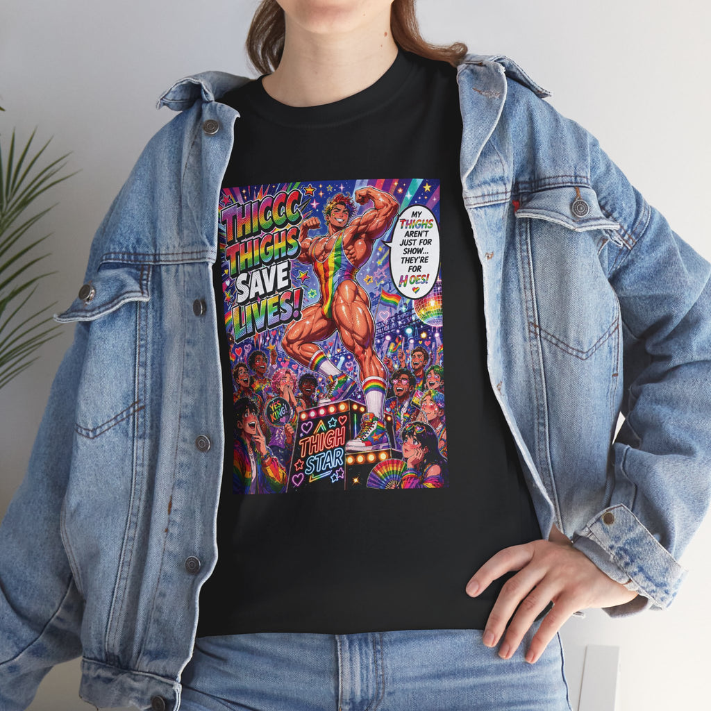 Gay Gogo Dancer Tee — "Thick Thighs Save Lives" Pride Shirt