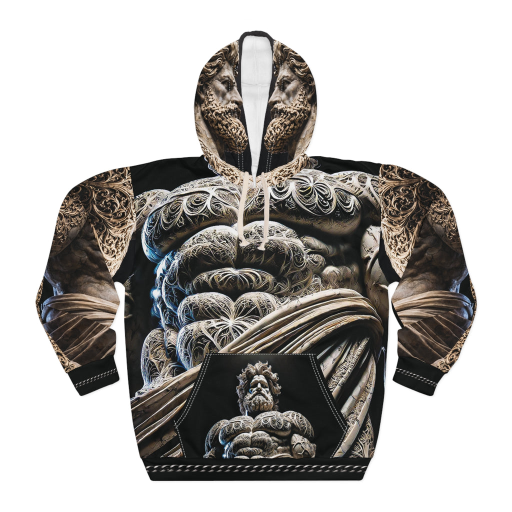Mythic Stone Statue Hoodie – All-Over Print Sculpted Muscle Design