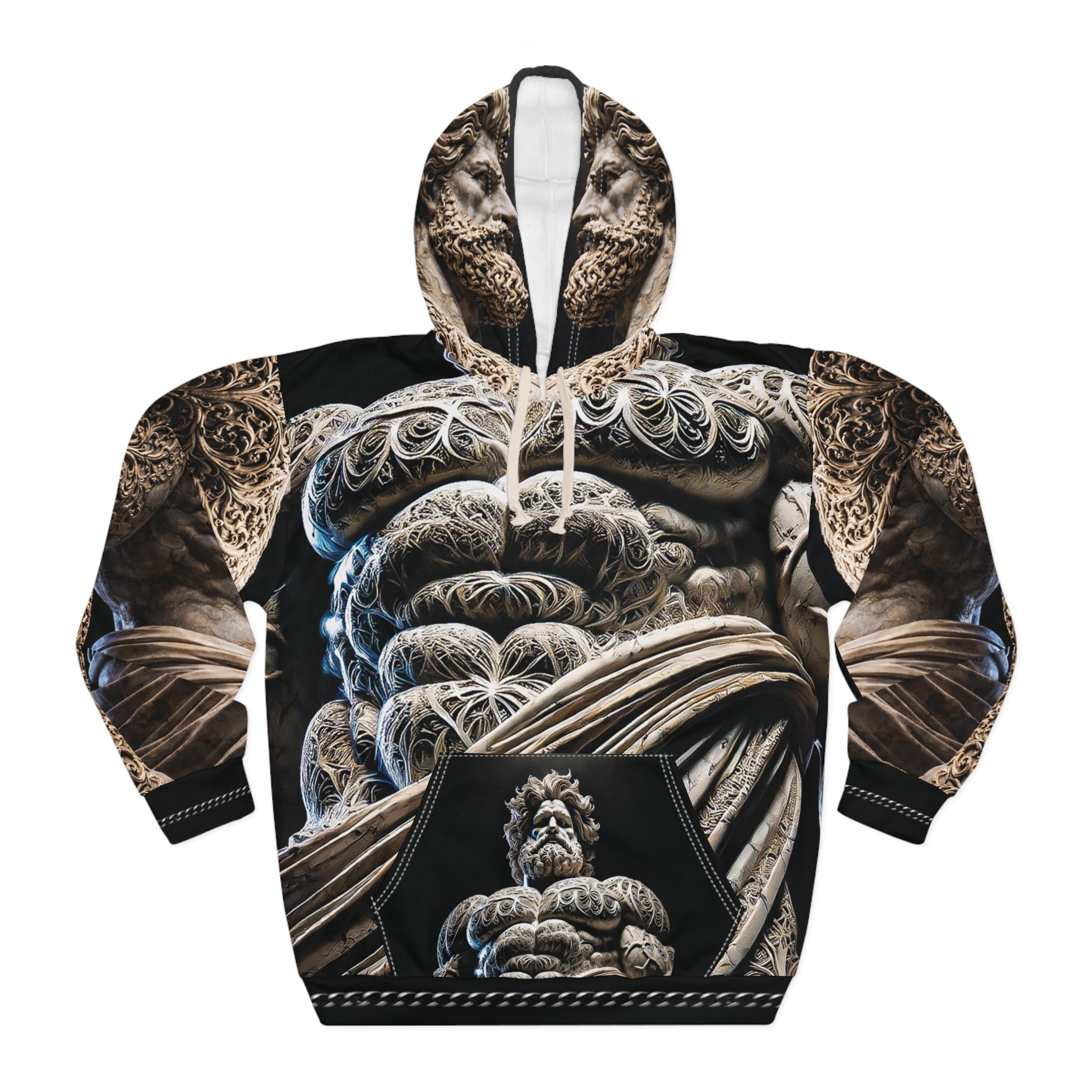 Mythic Stone Statue Hoodie – All-Over Print Sculpted Muscle Design